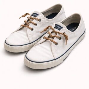 Sperry White Canvas Boat Sneakers Tan Leather Laces Women’s Size 10M EUC